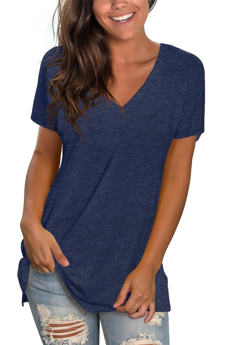 Sipaya Spring T Shirts for Women V Neck Solid Color Tee Cute Short Sleeve Tops Navy Blue M - Image 1